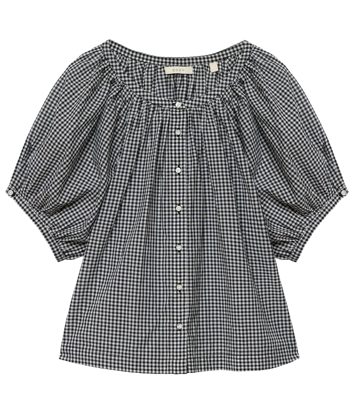 DÔEN June Top in Noir La Maddalena Gingham laid flat, showing the gathered scoop neckline, white button-front placket and voluminous puff sleeves with gathered cuffs