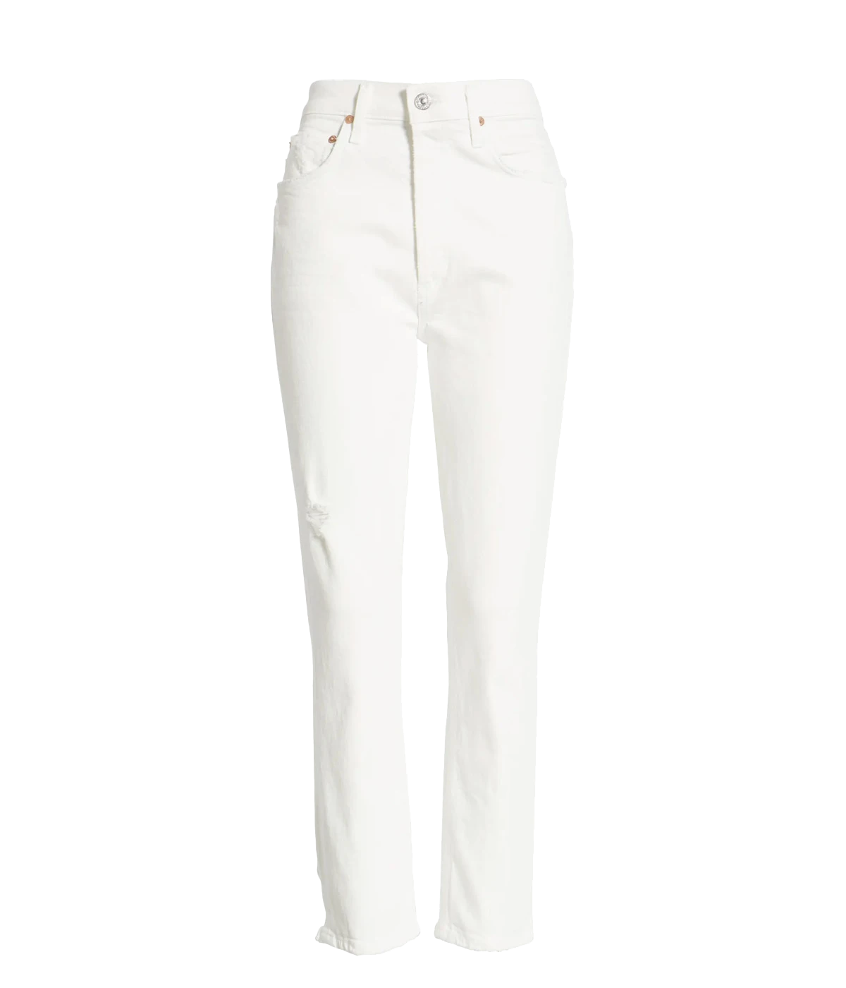 ALT Text: Citizens of Humanity Jolene Jean in clean white denim with subtle distressing, high-rise fit, and slim-leg silhouette. Perfect for versatile styling.