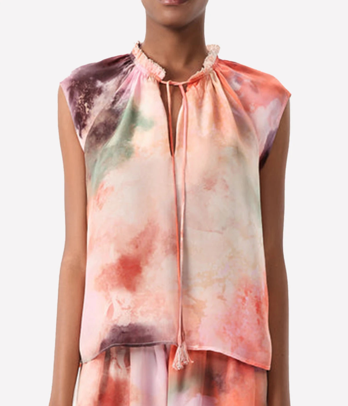ALT Text: Jufre Keyla Top in Wild Rose print featuring organic hues and a flowing viscose crepe fabric, perfect for versatile styling.