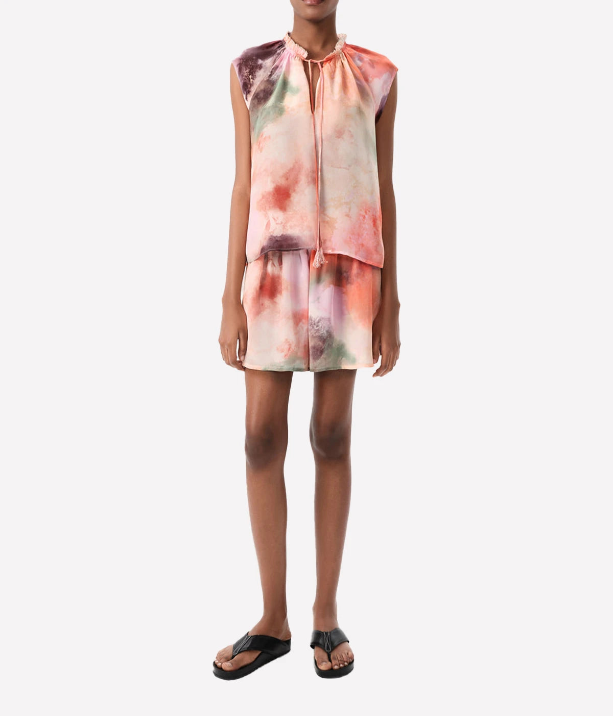 ALT Text: Jufre Keyla Top in Wild Rose print featuring organic hues and a flowing viscose crepe fabric, perfect for versatile styling.
