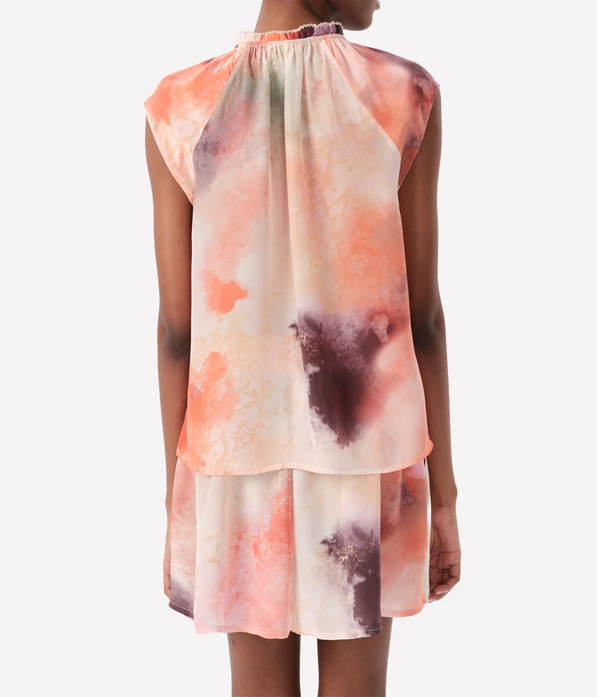 ALT Text: Jufre Keyla Top in Wild Rose print featuring organic hues and a flowing viscose crepe fabric, perfect for versatile styling.