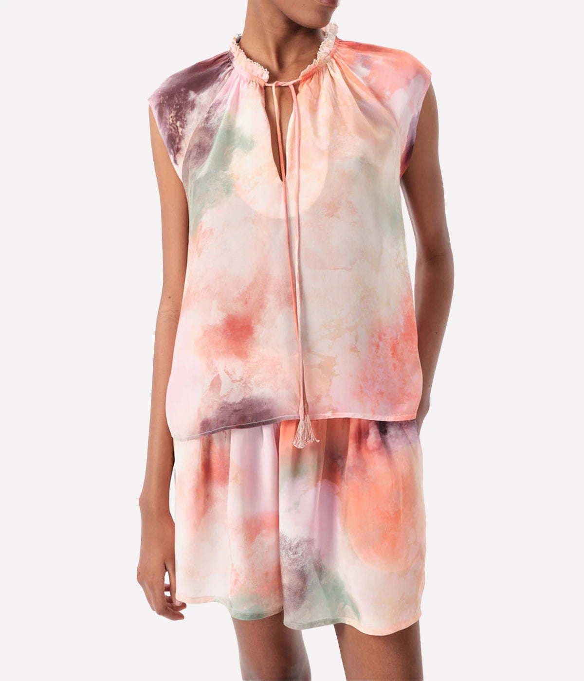 ALT Text: Jufre Keyla Top in Wild Rose print featuring organic hues and a flowing viscose crepe fabric, perfect for versatile styling.