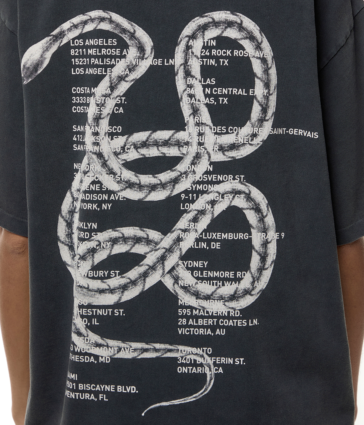ALT Text for Product Image: A relaxed-fit graphic tee in washed charcoal with a twisted snake design, styled with high-waisted denim and ankle boots for an edgy, versatile look.