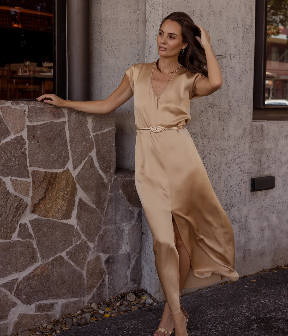 Envers Satin Shiny Kaftan Dress In Paglierino