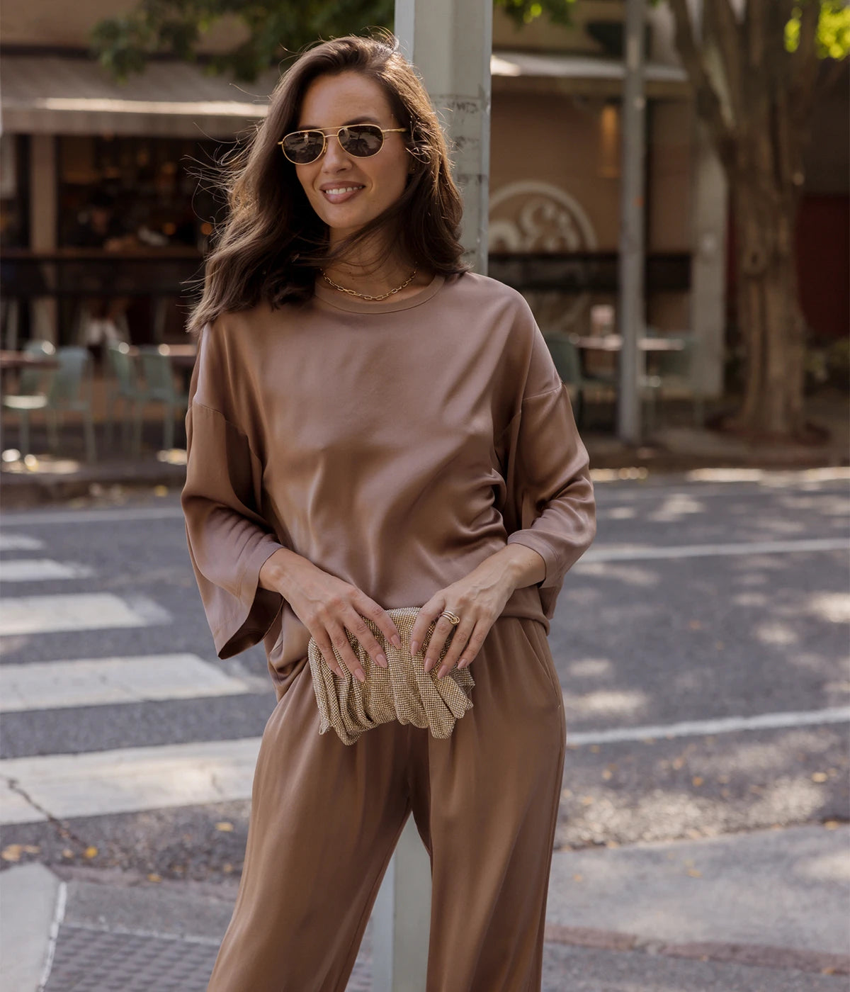 Shiny Stretch Silk Satin Oversized T-Shirt In Noce