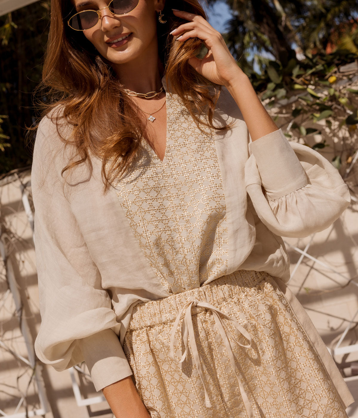 Cross Long Sleeve Top in Beige Gold