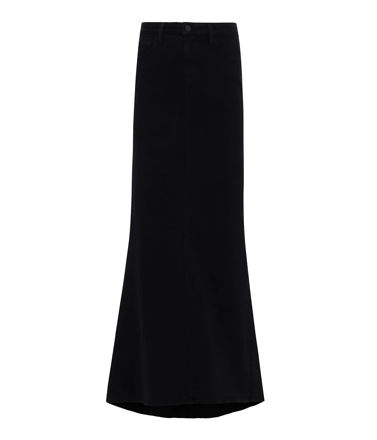 A trendy and elevated basic denim maxi skirt in black, featuring a high waistline, mermaid flare and soft premium stretch denim. Classic five pocket constructions. comfortable, made internationally. 