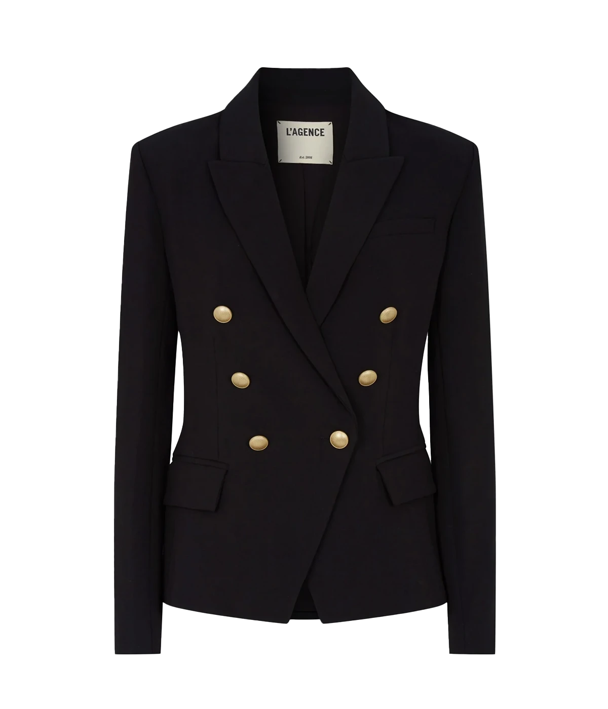 Image of a classic chic black blazer, with double breasted button closure, cotton, strong shoulders, peaked lapels, flat pockets, gold hard wear. Workwear, basic blazer, classic look, made in USA.