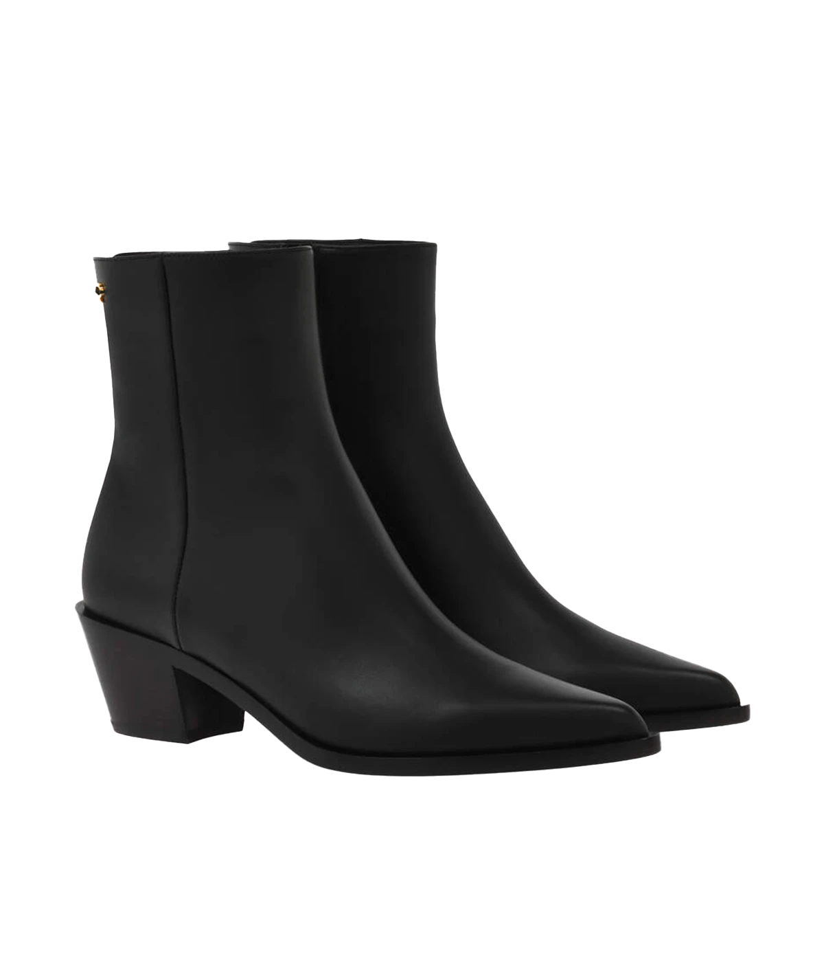 Black leather ankle boots featuring a 45mm block heel and sleek design, styled for versatile day-to-night wear.