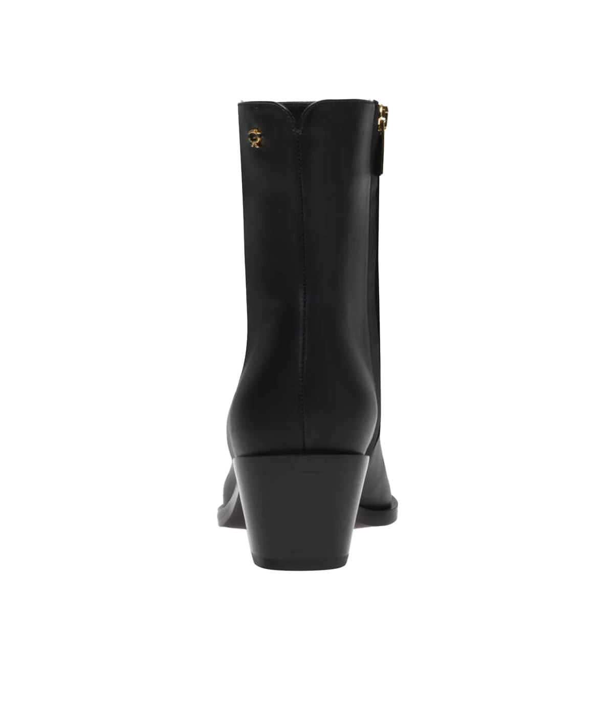 Black leather ankle boots featuring a 45mm block heel and sleek design, styled for versatile day-to-night wear.