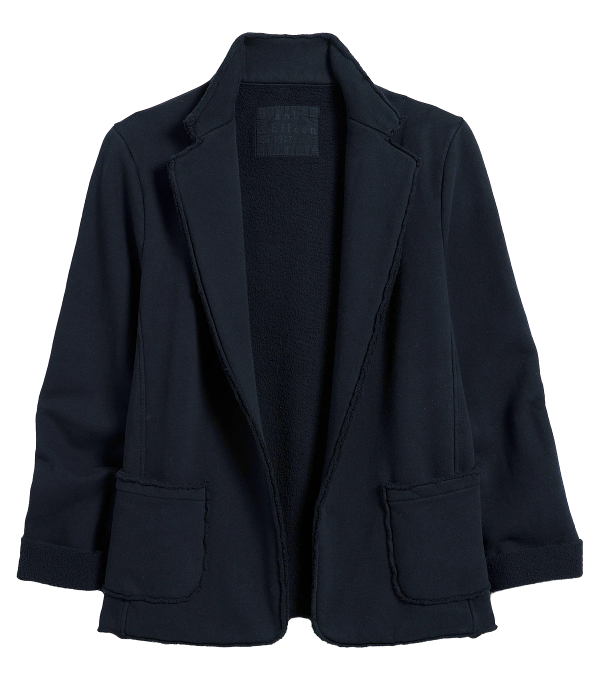ALT TEXT: "Dublin jacket by Frank & Eileen in 100% Cotton featuring oversized pockets, an open front, and scrunchable sleeves—ideal for versatile, year‑round wear."