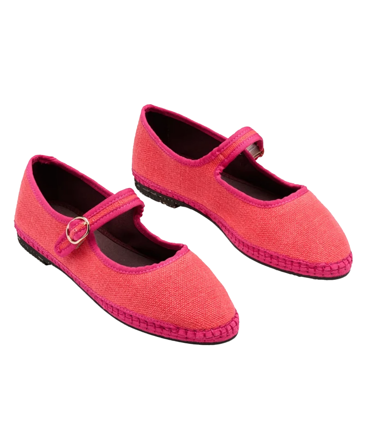 Pair of Flabelus Lago in Geranio angled from the front, showing the classic Mary Jane silhouette, pink piping and organic cotton lining