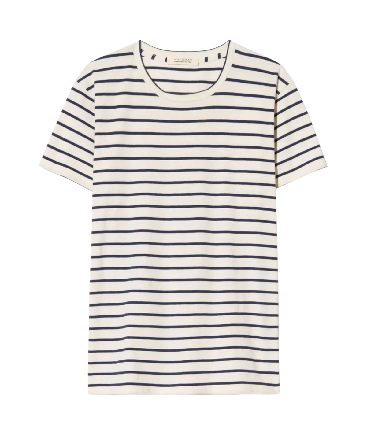 ALT text: Straight-fit short sleeve cotton tee with vintage pitch sleeves and self-binding along the neck and shoulder.