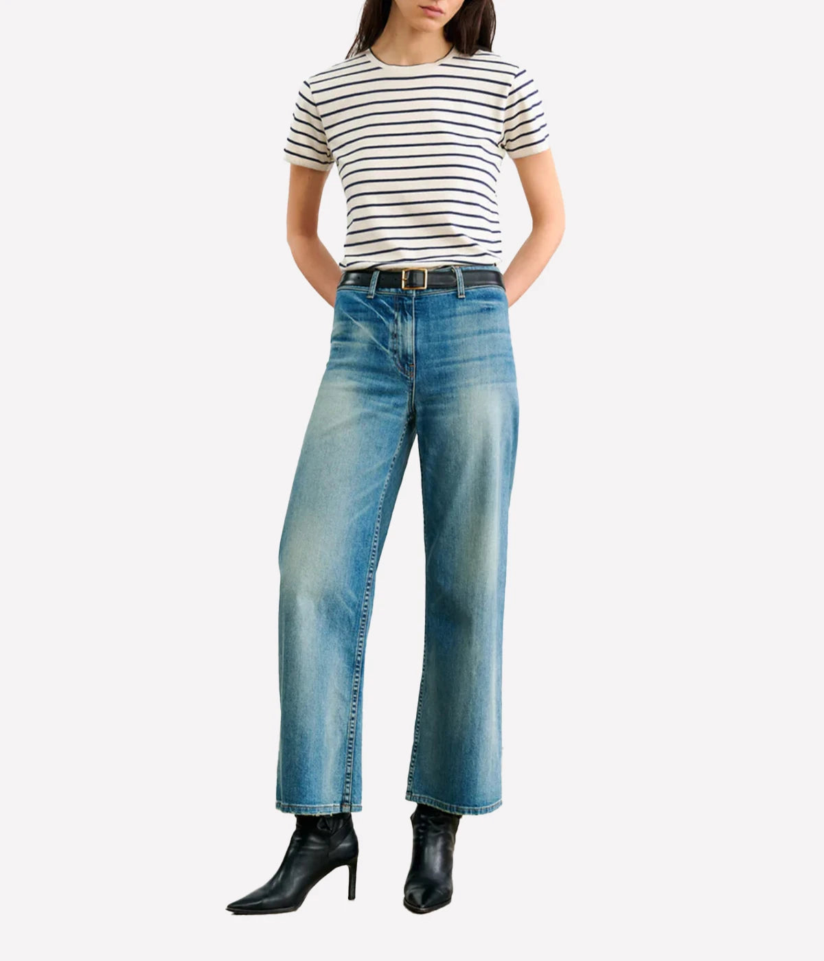 Lana Crewneck Tee in Natural Navy Stripe