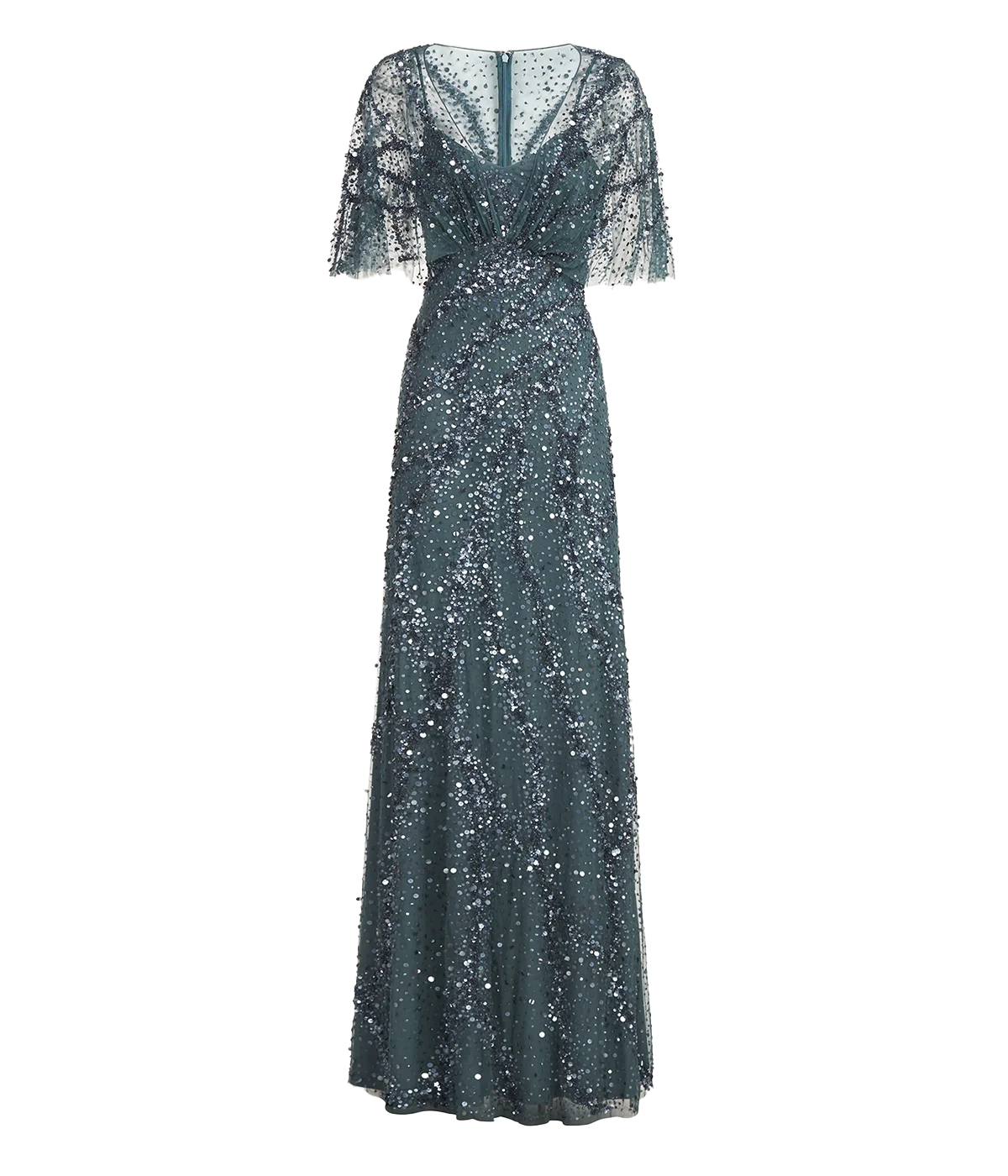 A special event black tie gown, full length short sleeve, v neckline and sequin detailing in a blue colourway. Bra friendly, comfortable, Christmas Dress, special occasion. 
