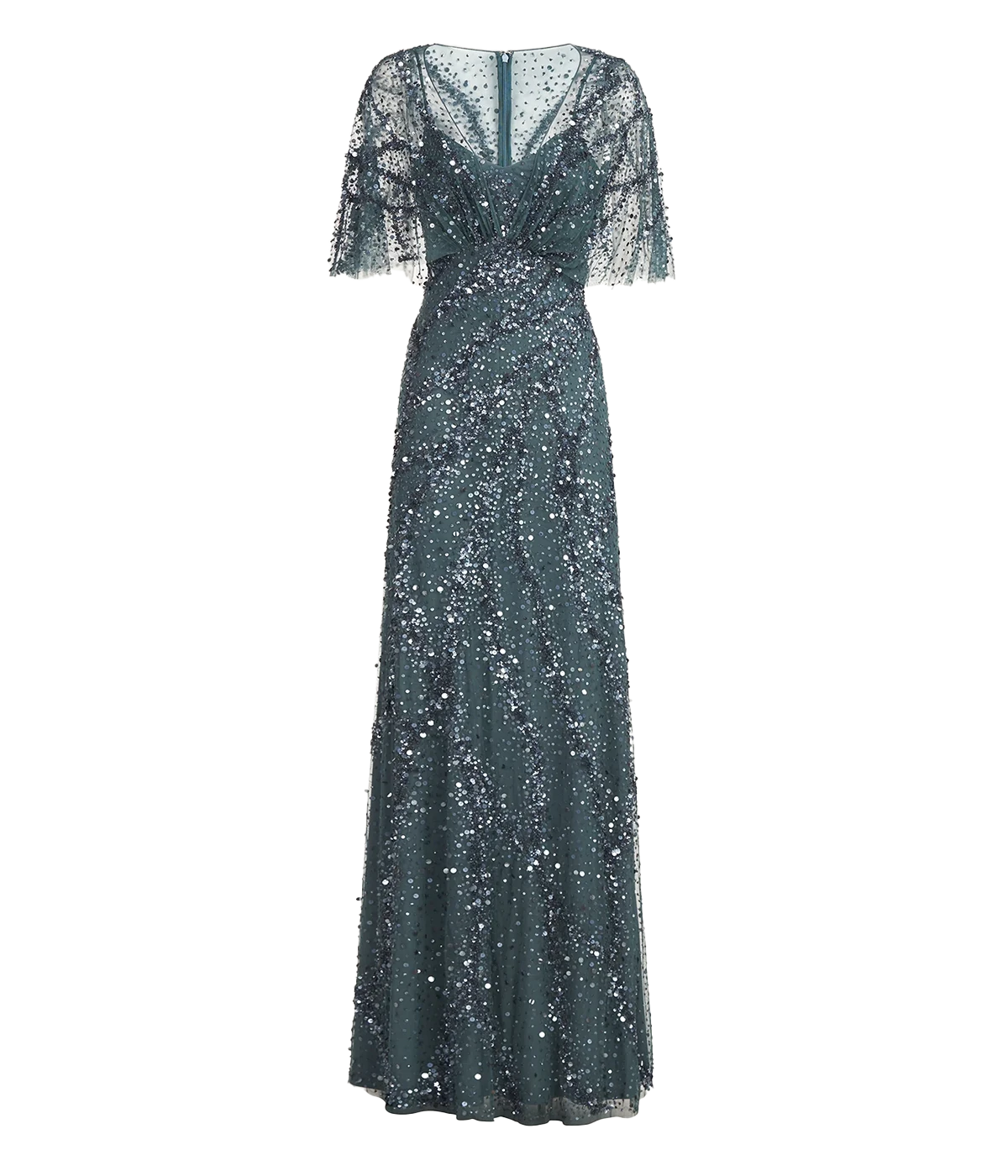 A special event black tie gown, full length short sleeve, v neckline and sequin detailing in a blue colourway. Bra friendly, comfortable, Christmas Dress, special occasion.