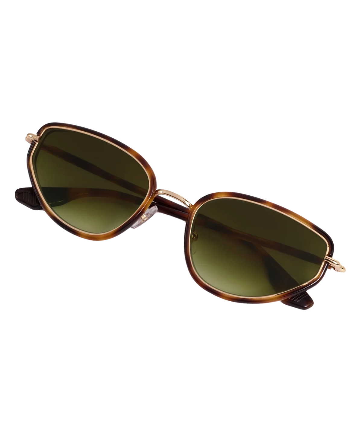 Angled view of the KREWE Leah Sunglasses in 18K Maple, showing the tortoise acetate front and green gradient lenses