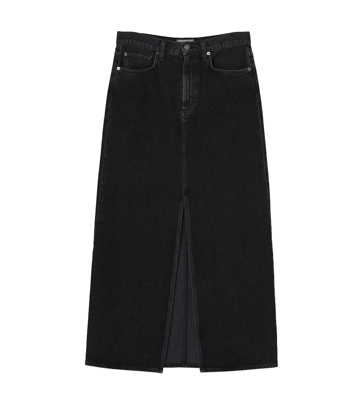 ALT Text: Leif Skirt in weightless denim with front slit and mid-rise design, perfect for versatile styling with boots or sneakers.