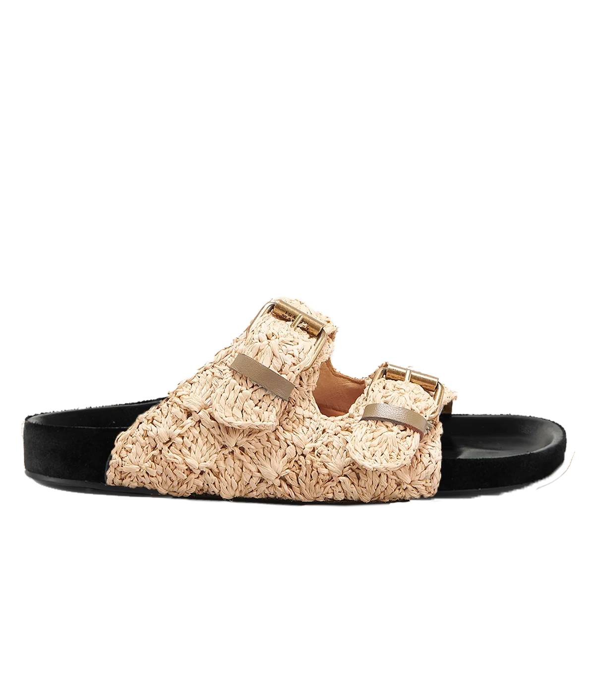 Isabel Marant’s iconic Lennyo Sandal in raffia and leather, with a contrasting black sole. The perfect slip on Birkenstock style shoe to wear all summer, with a moulded footbed for comfort. 