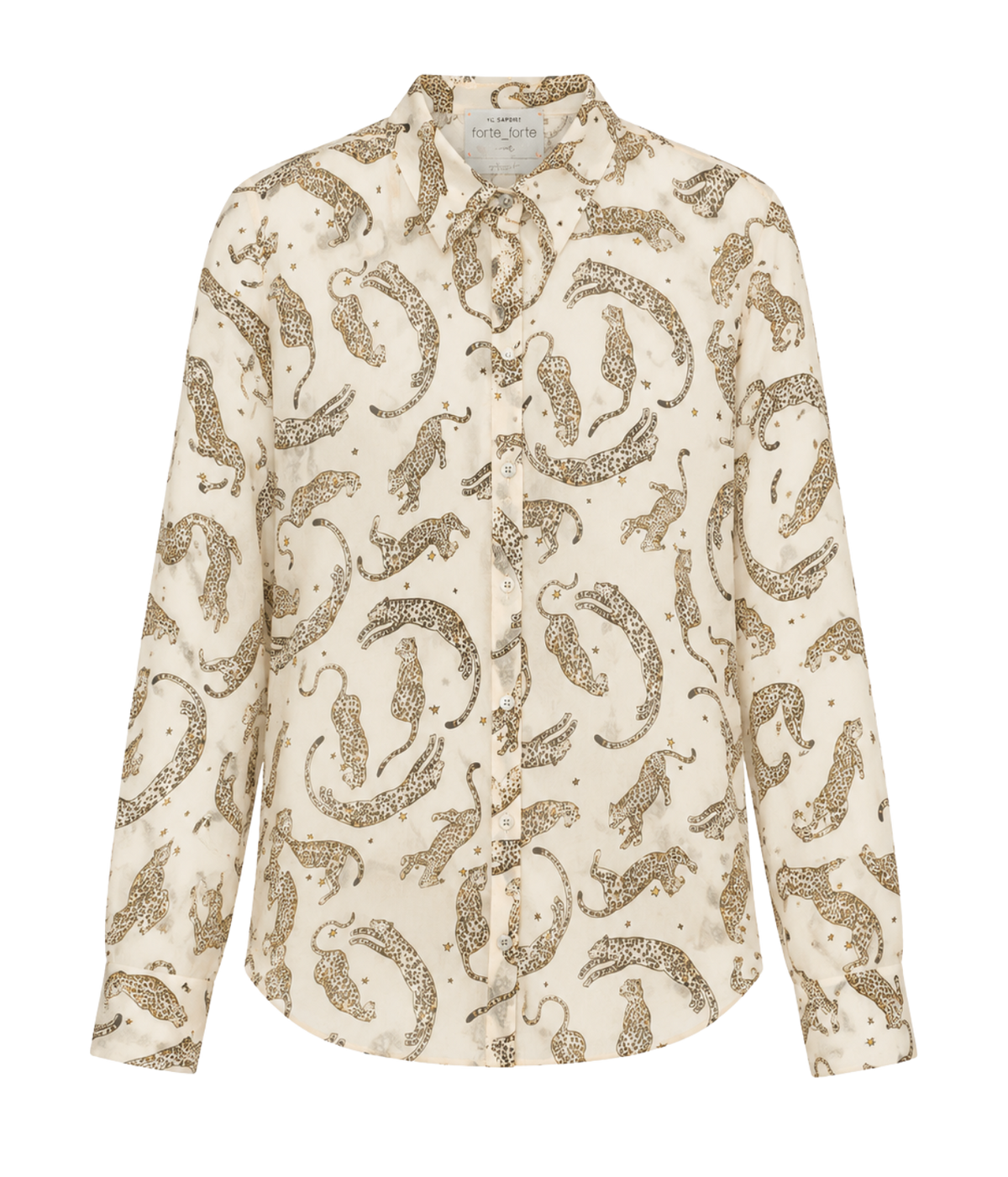 Front product view of the Forte Forte leopard print voile shirt in Ivory, with a beige and brown leopard and star print, small pointed collar and button front.