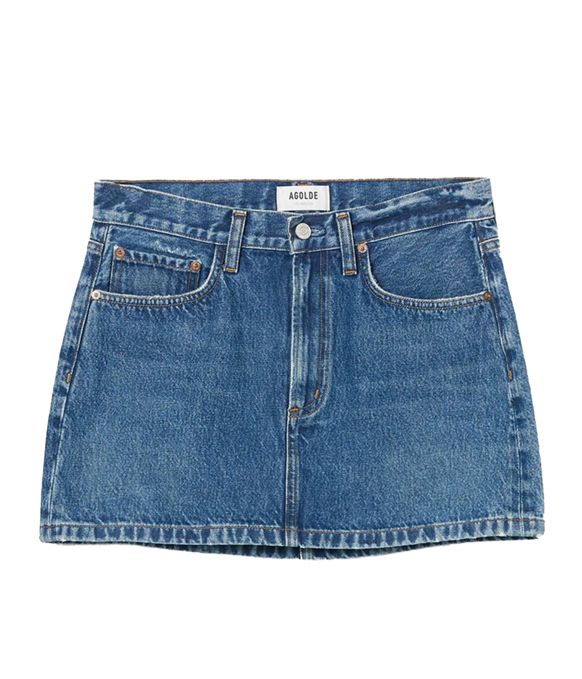 A classic medium wash mini skirt made from rigid denim, featuring a zip and button closure, 5 pocket detail, clean hem and low waist style. Summer staple, everyday basic, date night skirt, made in USA. 