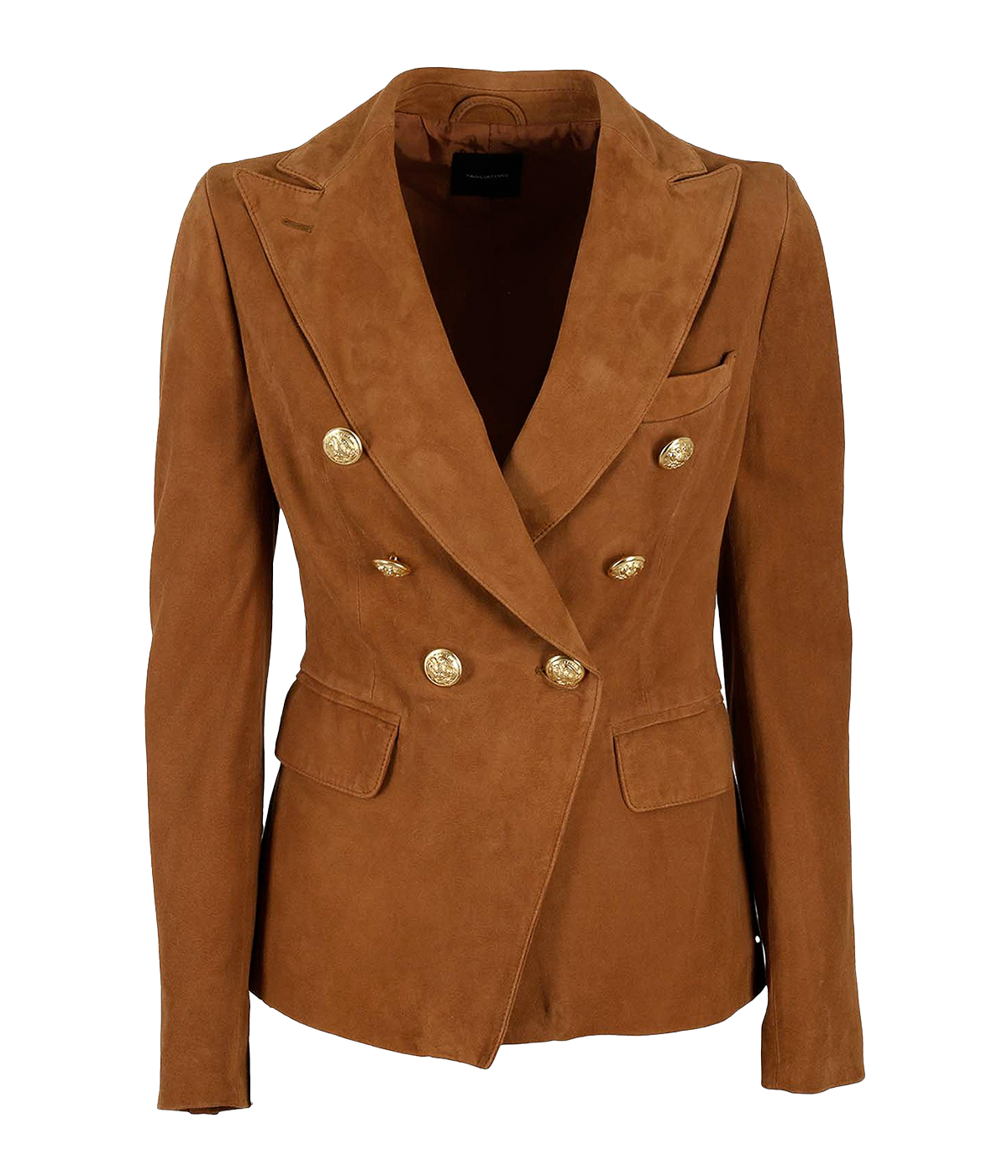 ALT text: Woman wearing cognac suede-effect leather blazer by Tagliatore with double-breasted button closure