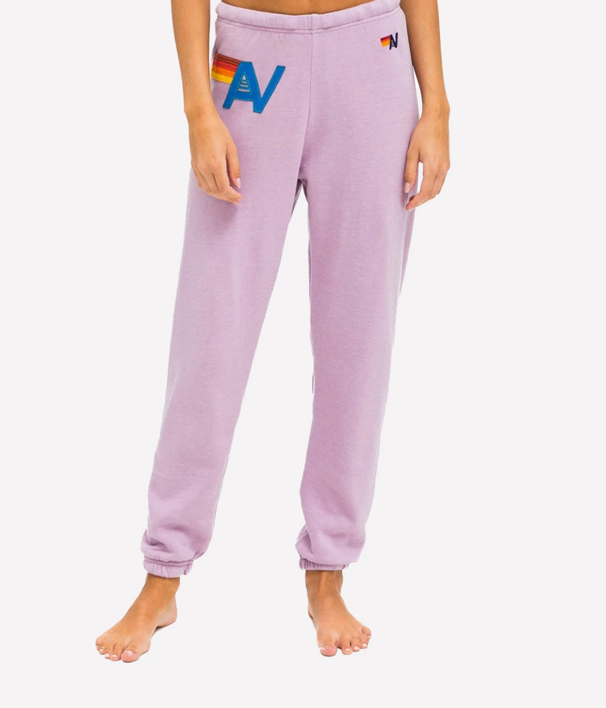A pair of Aviator Nation sweatpants in a vintage-inspired tri-blend fabric, showcasing their soft texture and relaxed fit.