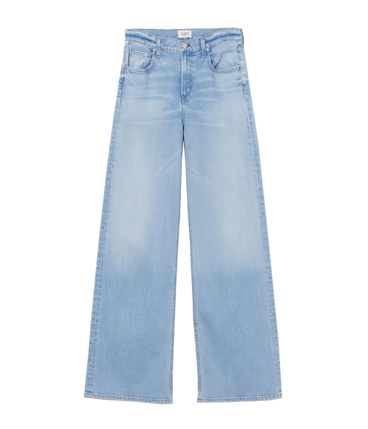 A pair of relaxed wide-leg jeans in a light wash, featuring a mid-rise waist, a 32” inseam, and a zip fly closure, styled to elongate the legs and provide a flattering silhouette.