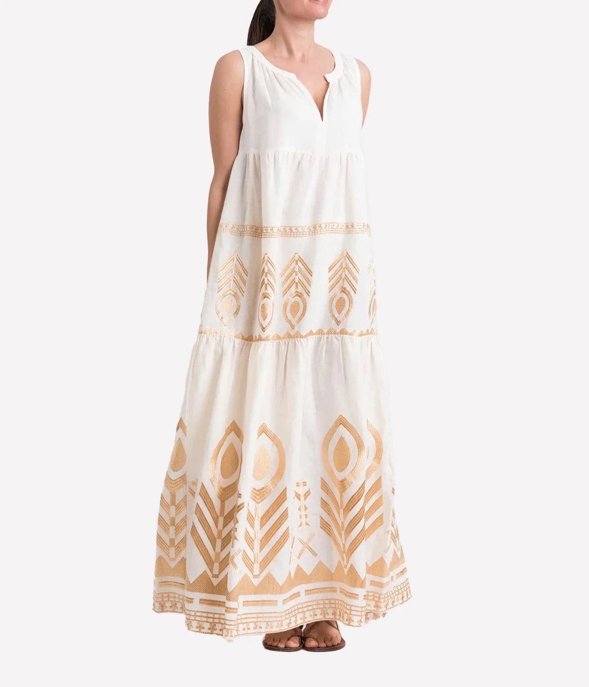Long Sleeveless Feather Dresss in White & Gold
