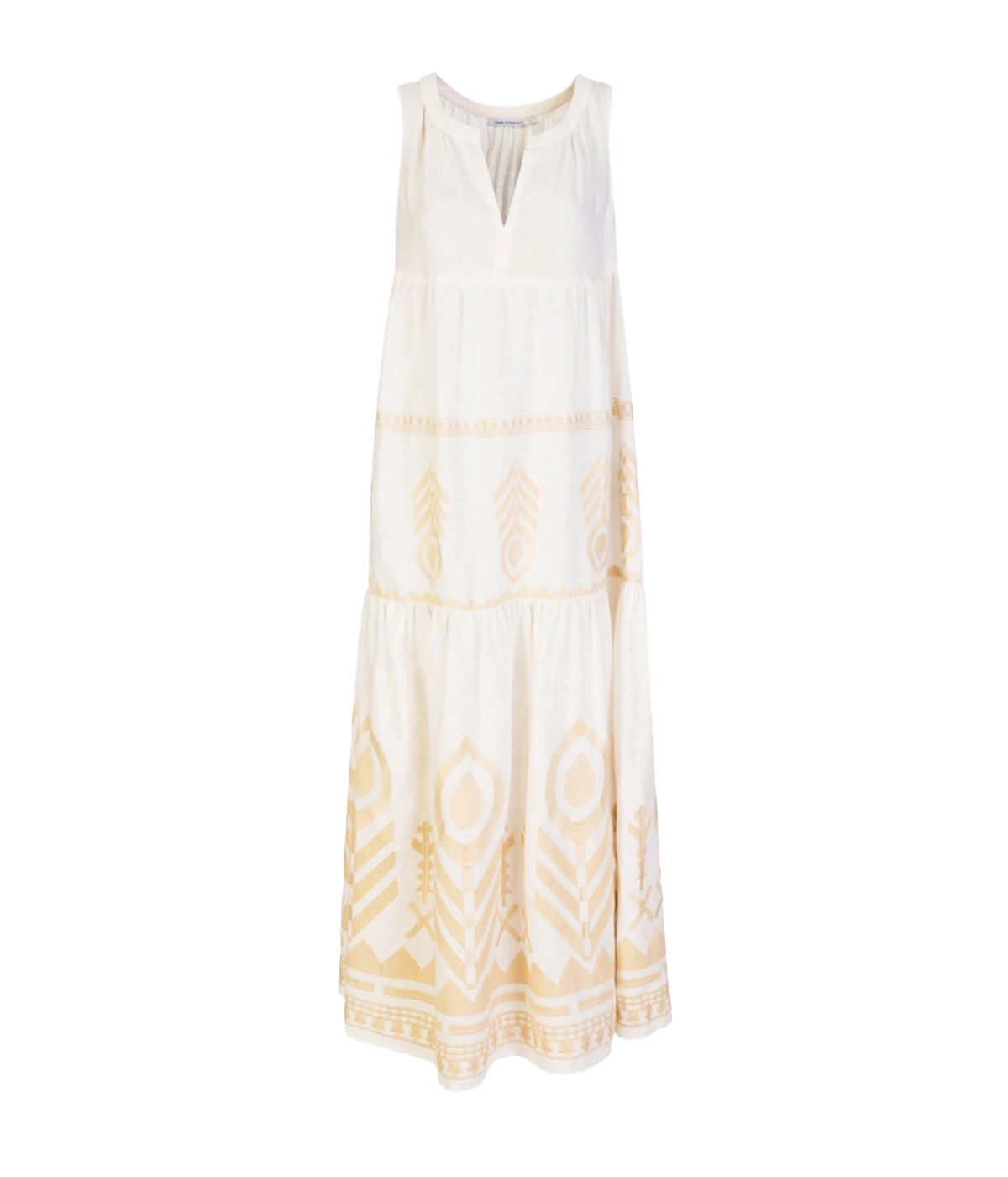 A maxi style sleeveless dress in while and gold embroidery,  greece inspired. V neckline, sleevess, bra friendly, ruffle hemline, made in greece, throw on and go, summer dress. 