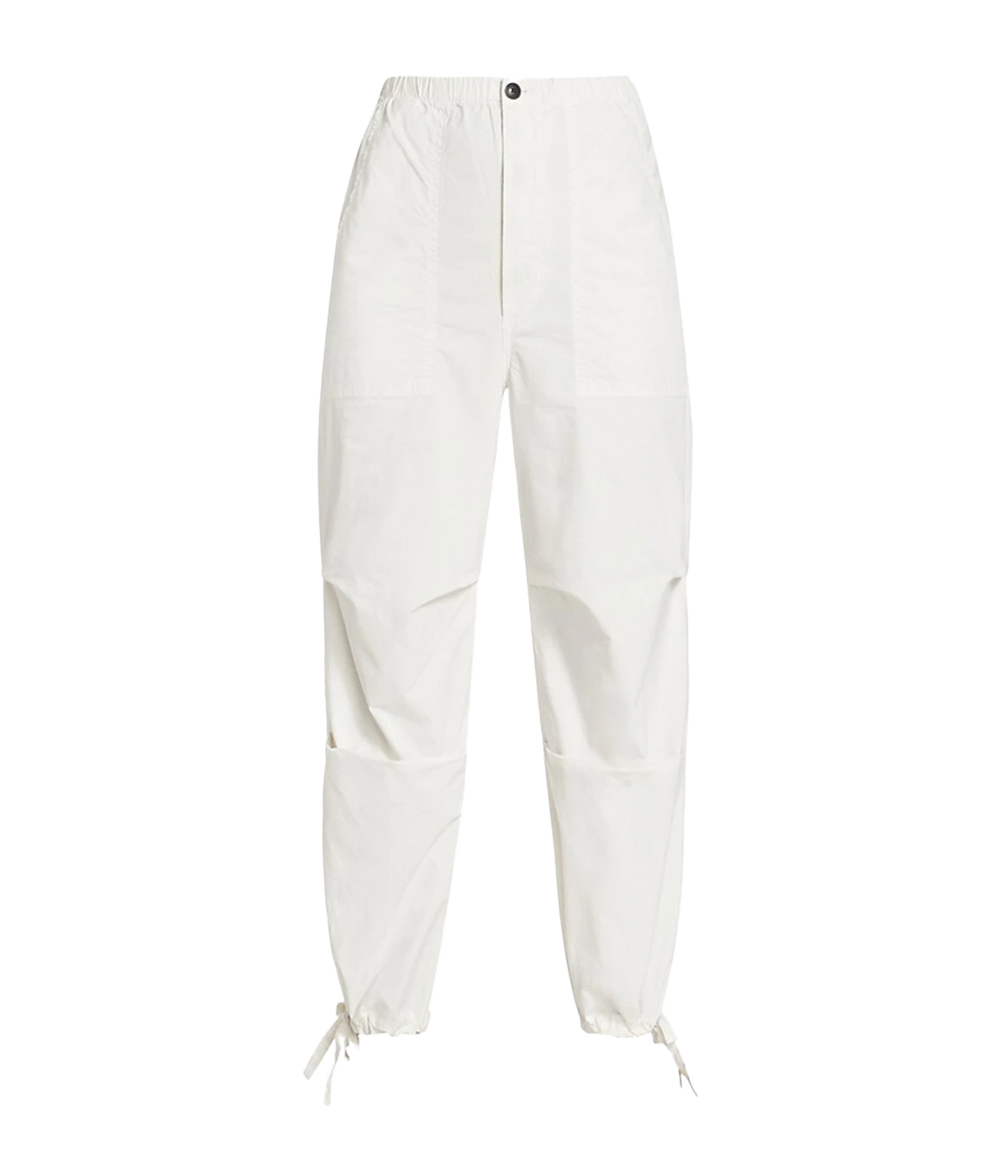An everyday comfortable throw on and go pant, 100% cotton, parachute oversize style, Button fly closure and elastic waist, 4 pockets and drawstring ankles, white. Made in USA, comfortable, everyday pant, running errands, summer staple. 