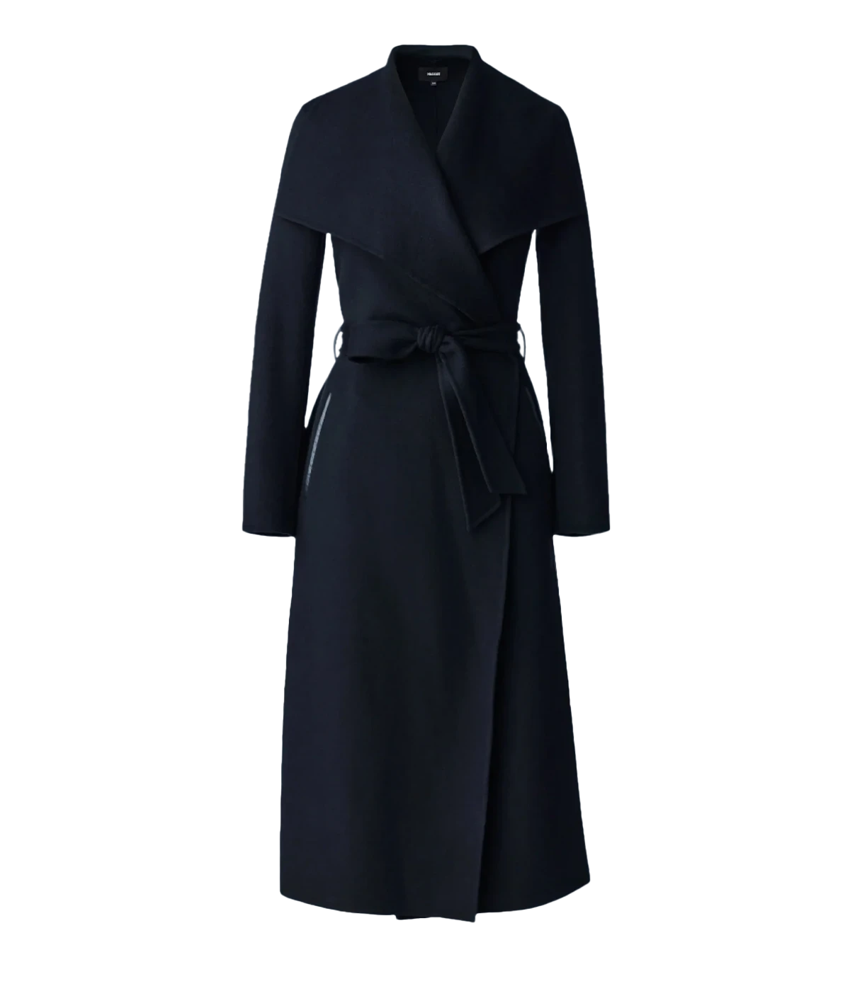 ALT text: MAI-CN long wool wrap coat with waterfall collar, sash belt and leather-trimmed pockets in camel