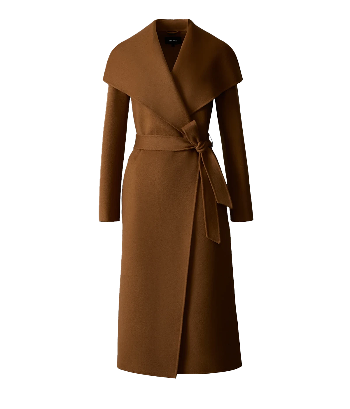ALT text: MAI-CN long wrap coat in earth brown wool with waterfall collar and leather-trimmed pockets