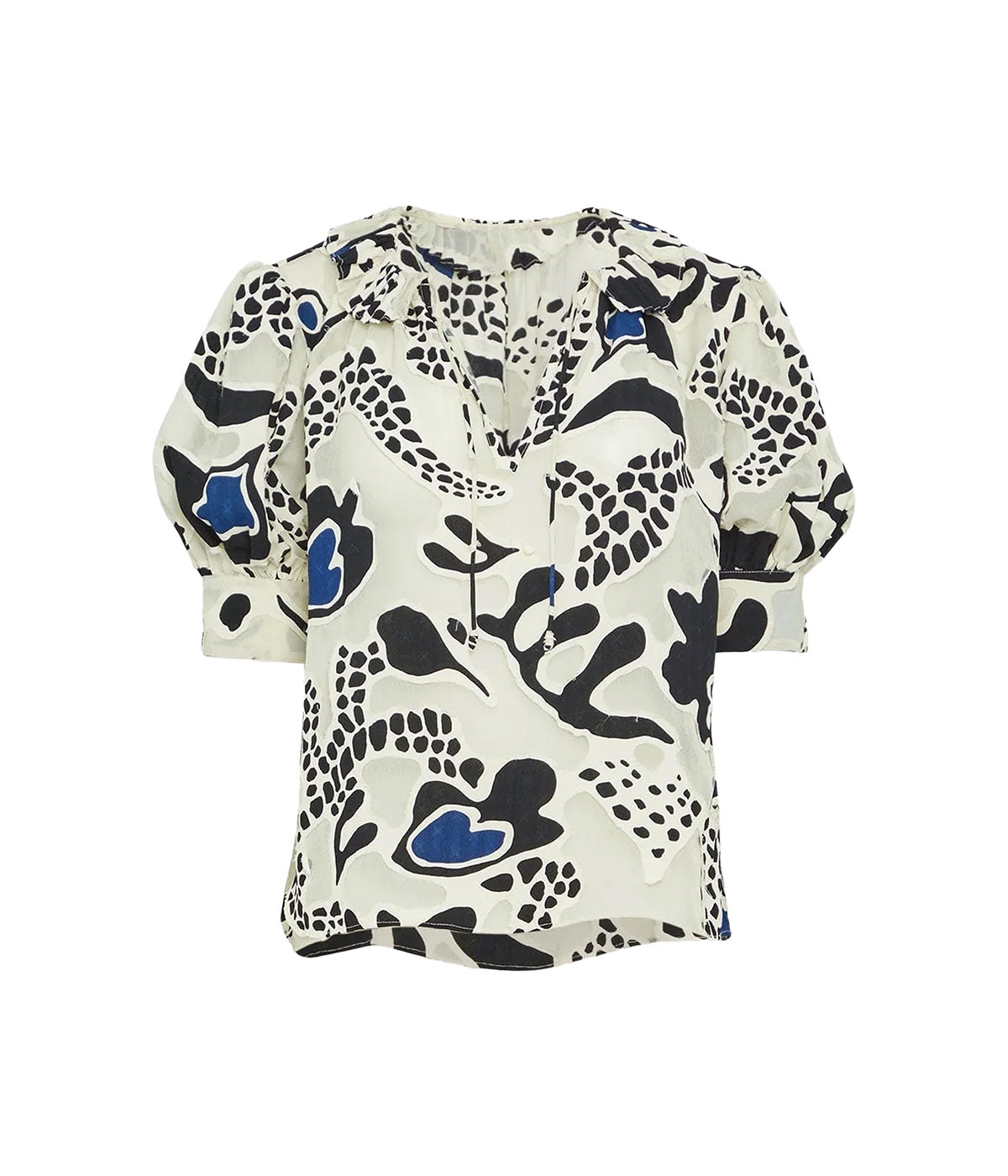 ALT Text: Ulla Johnson Marcella Top in soft white devoré with abstract floral pattern and ruffle details.