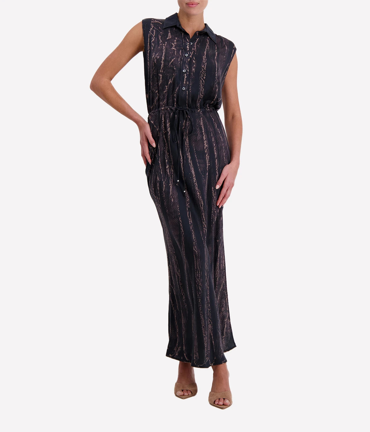 Sleeveless Maxi Shirt Dress in Black Snake