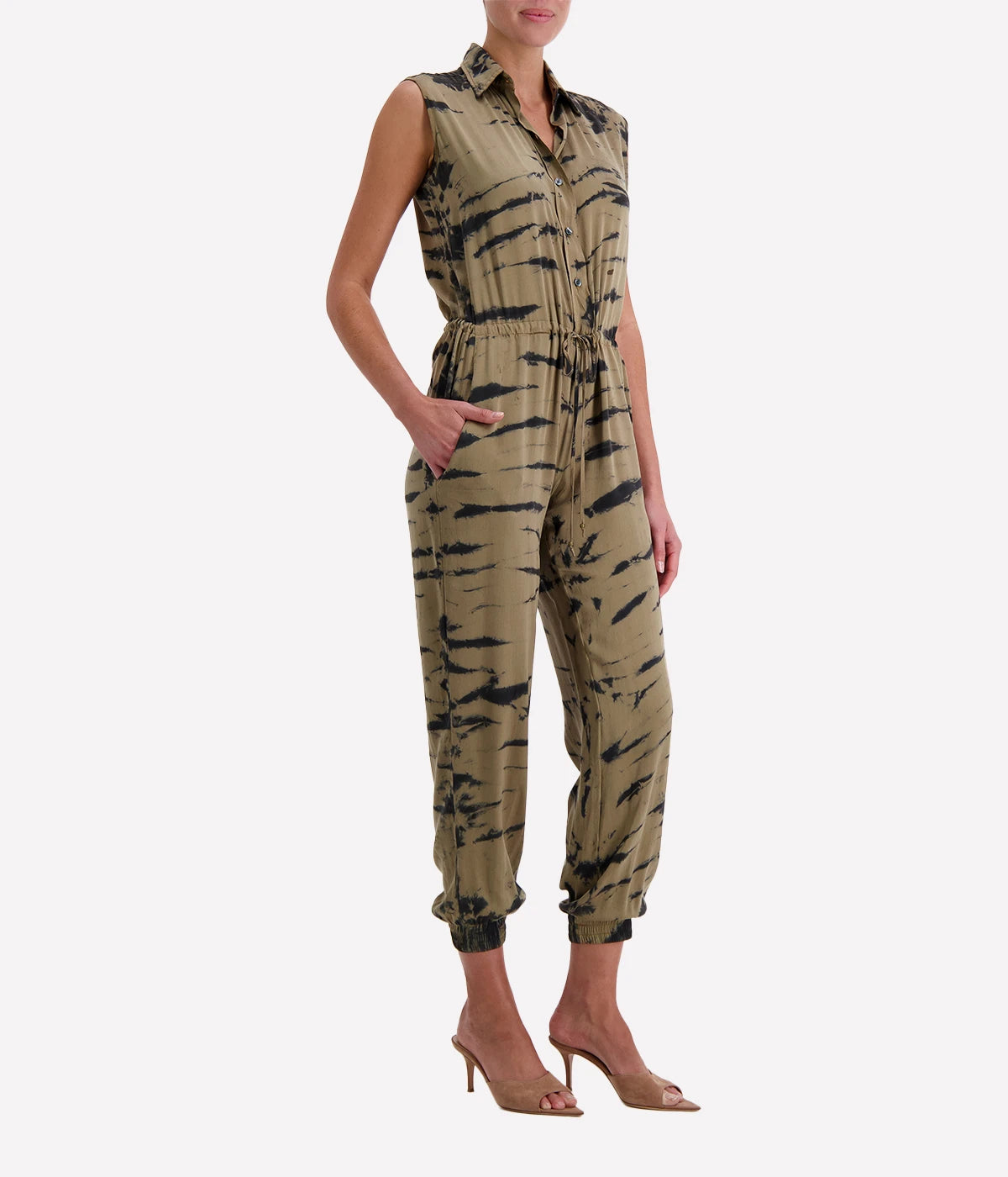 Sleeveless Button Front Jumpsuit in Safari Tiger