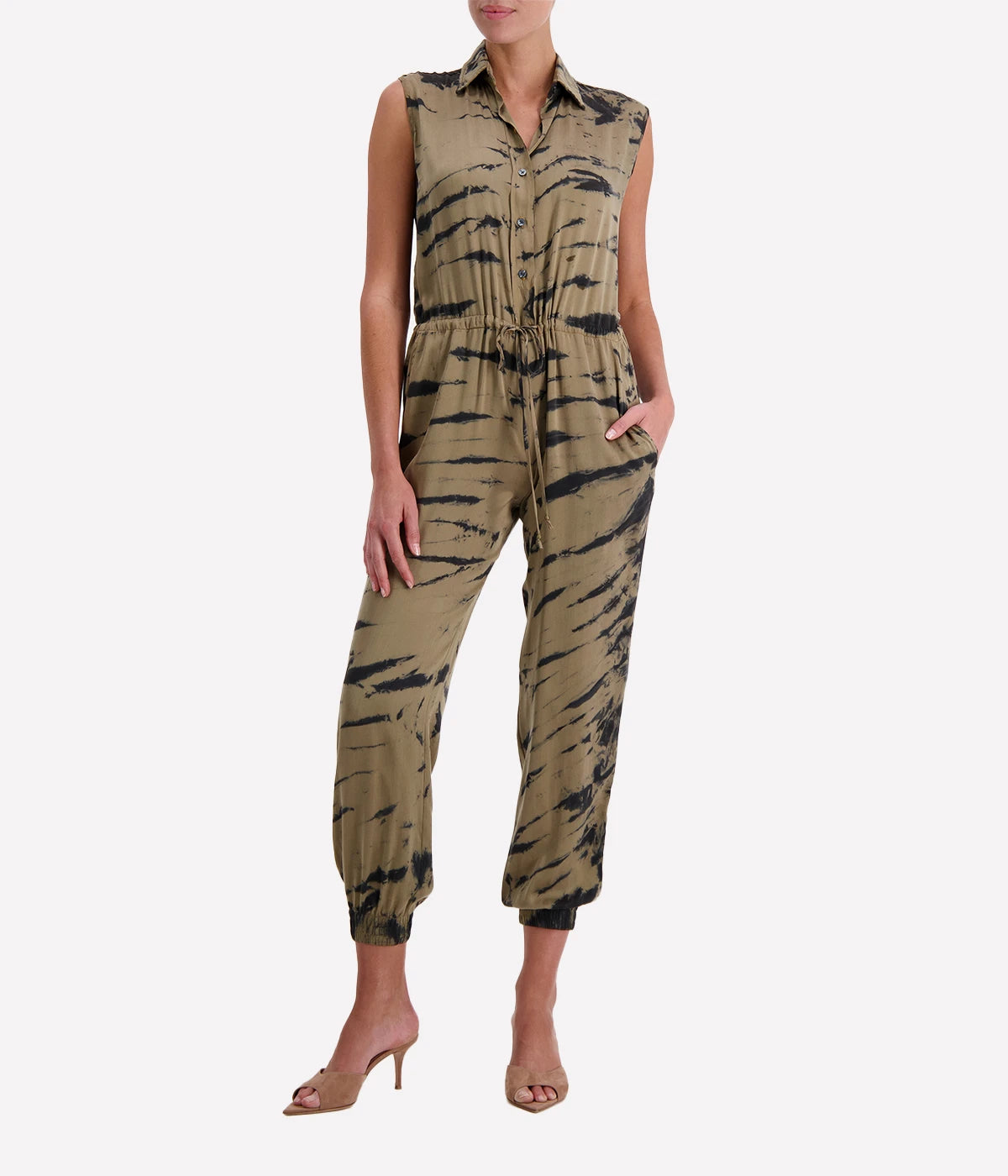 Sleeveless Button Front Jumpsuit in Safari Tiger
