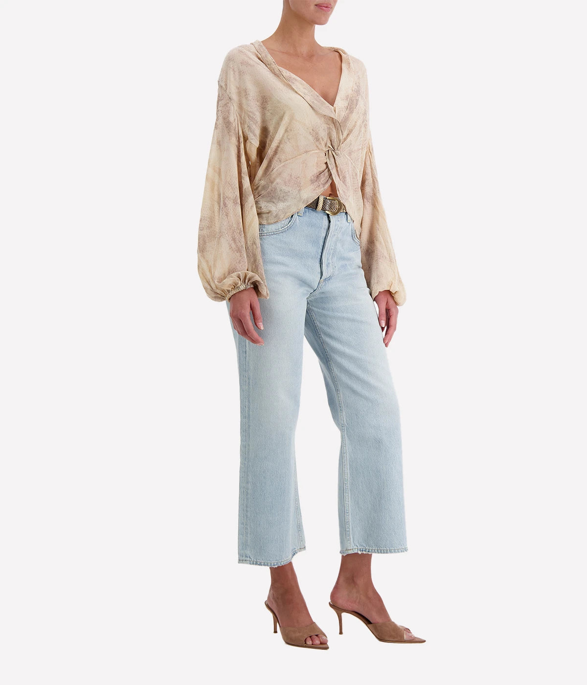 Knot Top In Washed Double Georgette in Brown Khaki Snake