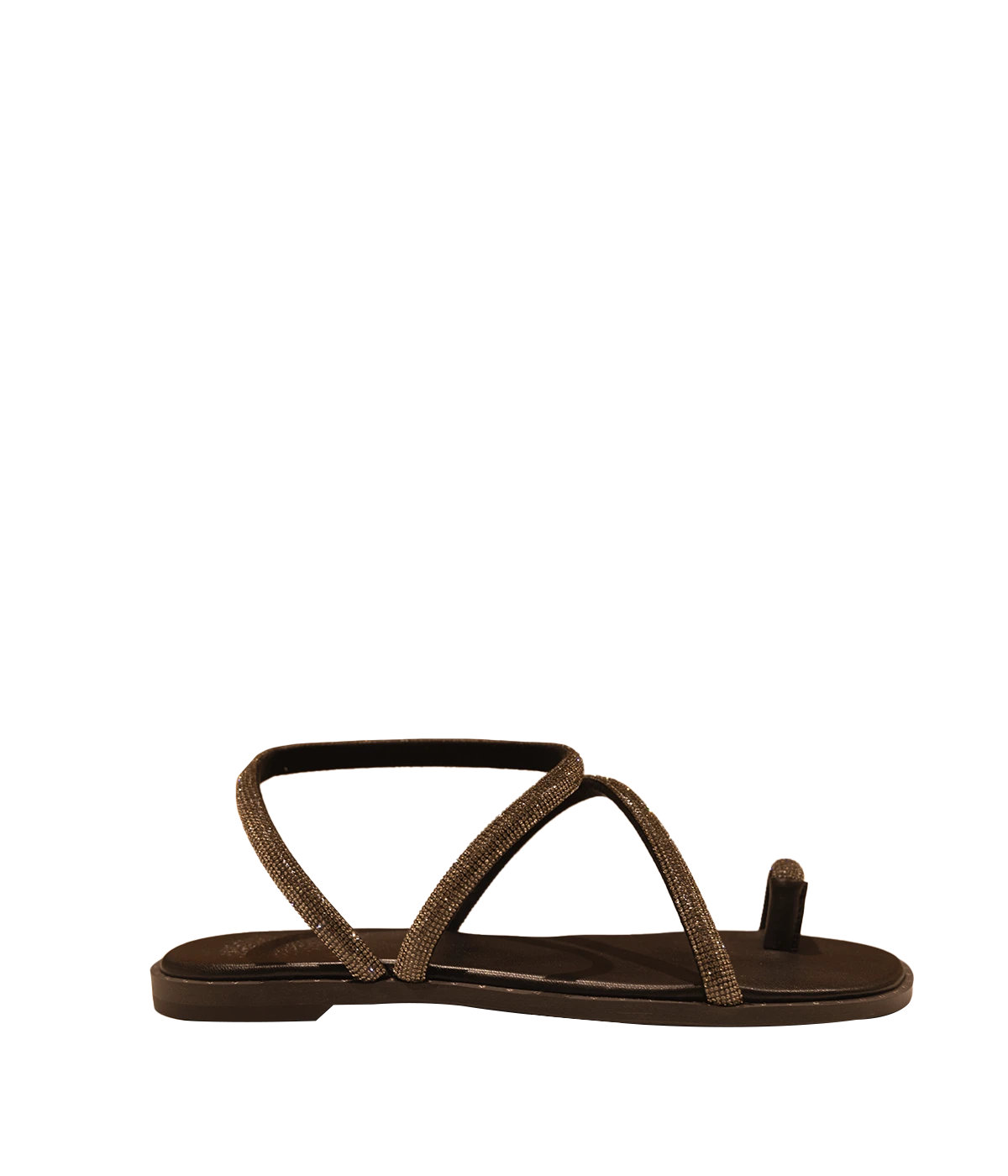 ALT Text: Flat sandals with dark grey wrap-around straps and sparkling crystals, designed for a chic and casual look, made from sustainable materials.