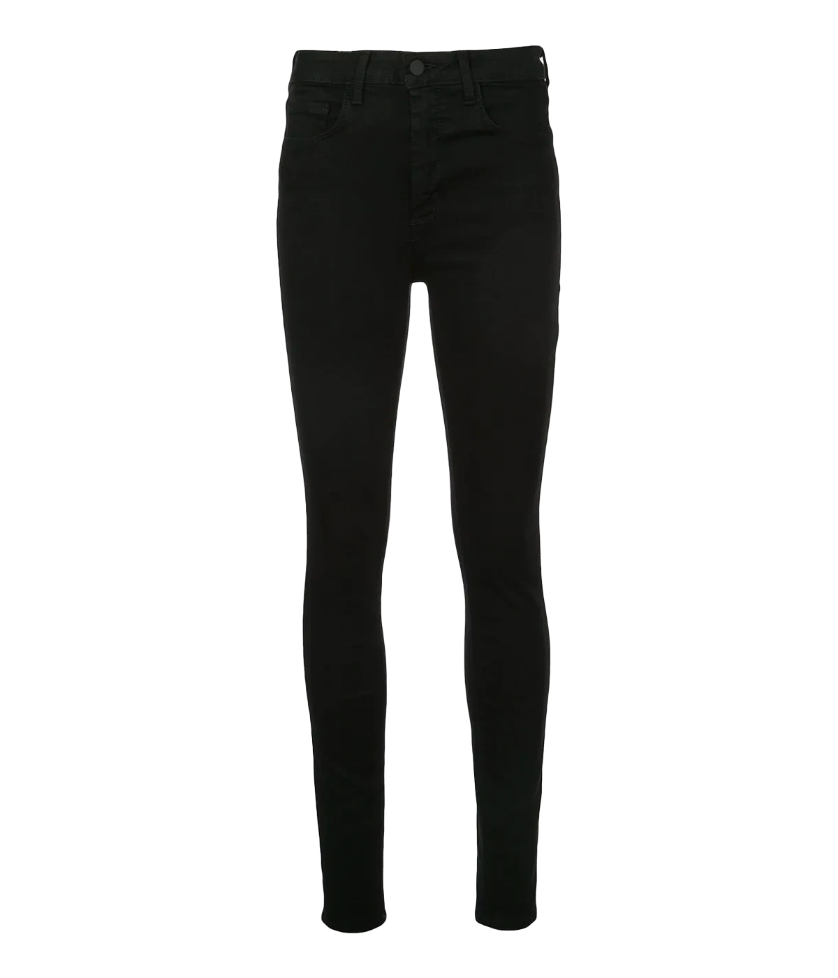 Image of a classic black denim skinny jean, with a tapered leg, leather pants, silver hardware, skinny fit. Everyday jean, coated denim, made in USA, date night outfit. 