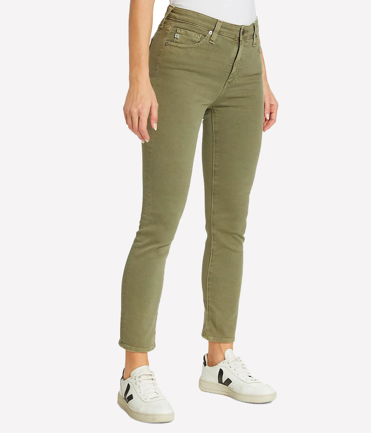 ALT Text: High-rise cropped straight-leg jeans in muted green (Sulfur Dried Rosemary), crafted from soft stretch denim for a comfortable, sleek fit.