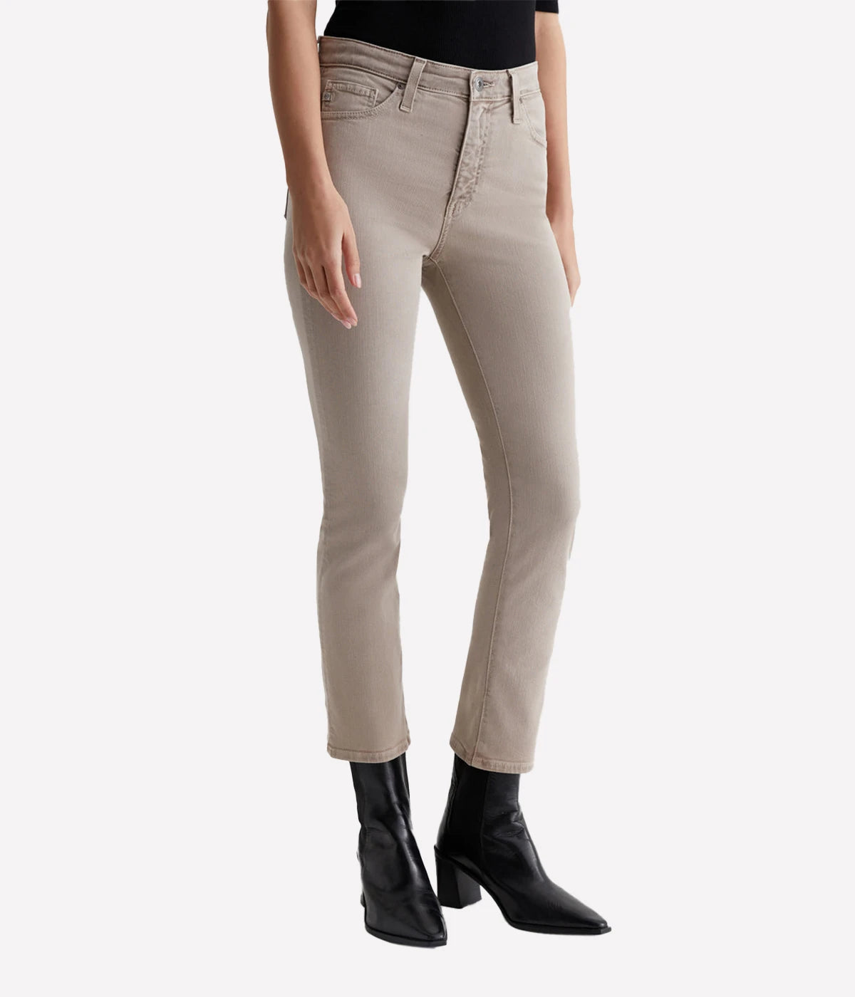 Cropped slim straight jeans in a taupe hue, featuring a high-rise waist and stretch denim for a flattering and comfortable fit.