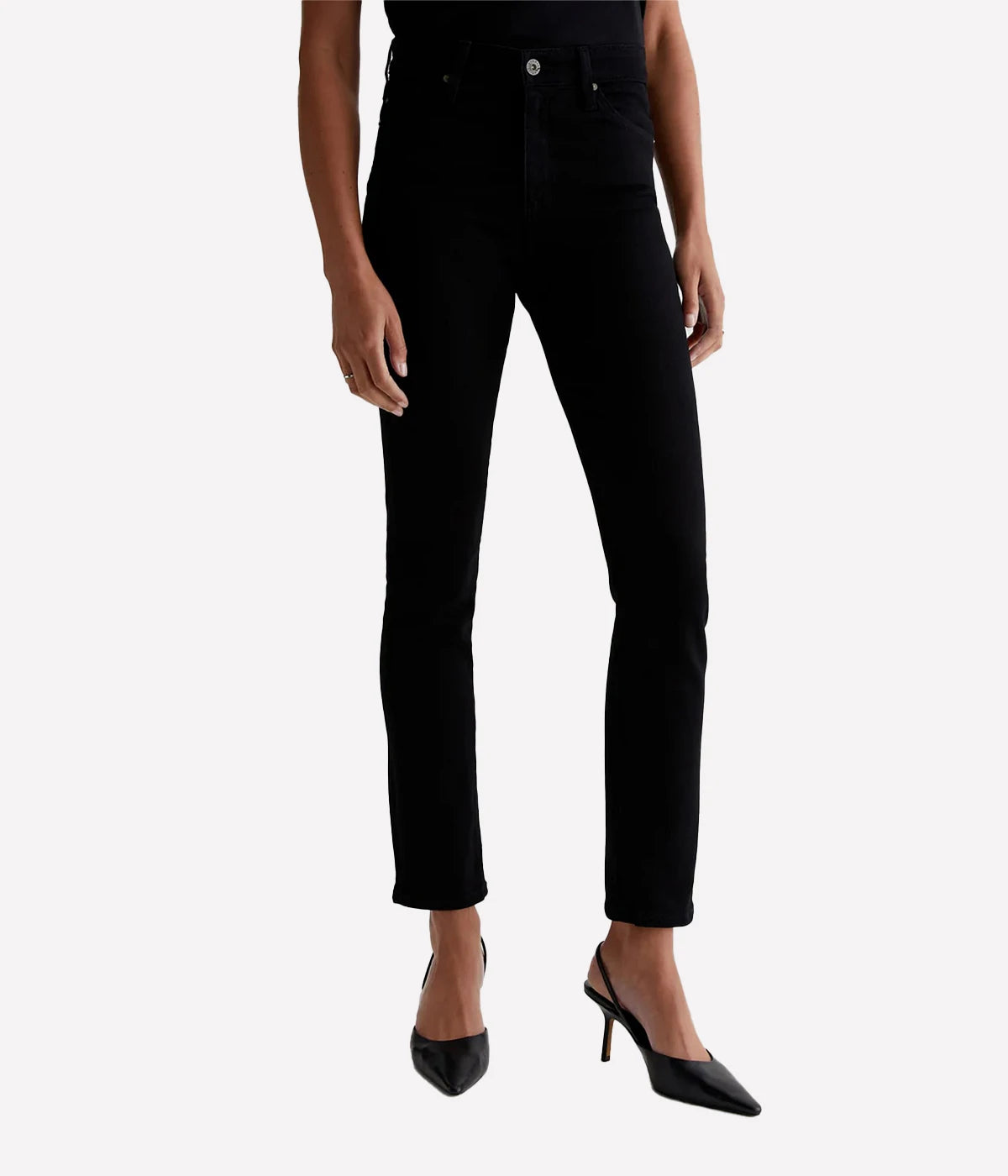 ALT text: Black high-rise straight leg jeans with a subtle slim leg opening.
