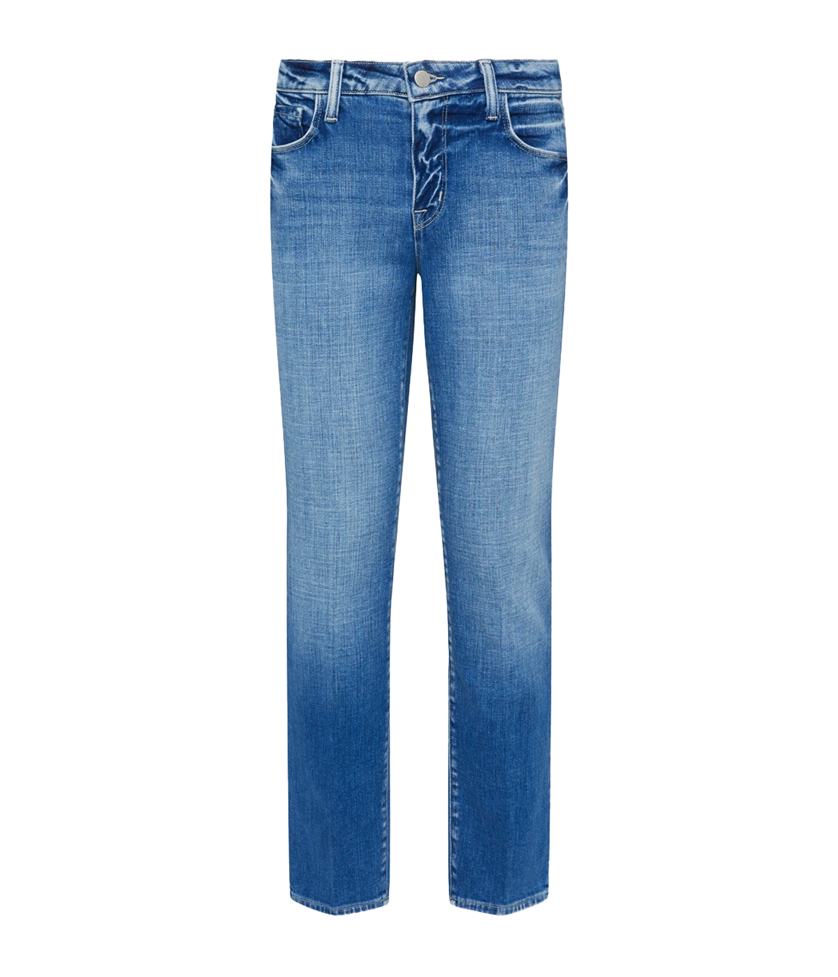 Image of a mid-rise slouch straight-leg jean in light-blue denim, with five-pocket construction and zip-fly closure, vintage worn in wash. Made in USA, everyday jean, comfortable, everyday jean.