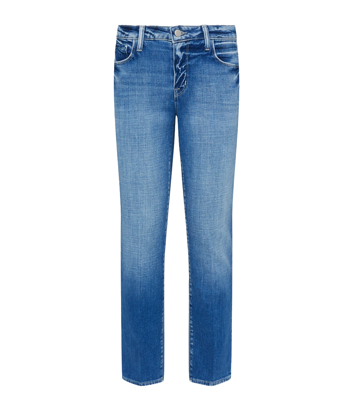  Image of a mid-rise slouch straight-leg jean in light-blue denim, with five-pocket construction and zip-fly closure, vintage worn in wash. Made in USA, everyday jean, comfortable, everyday jean. 