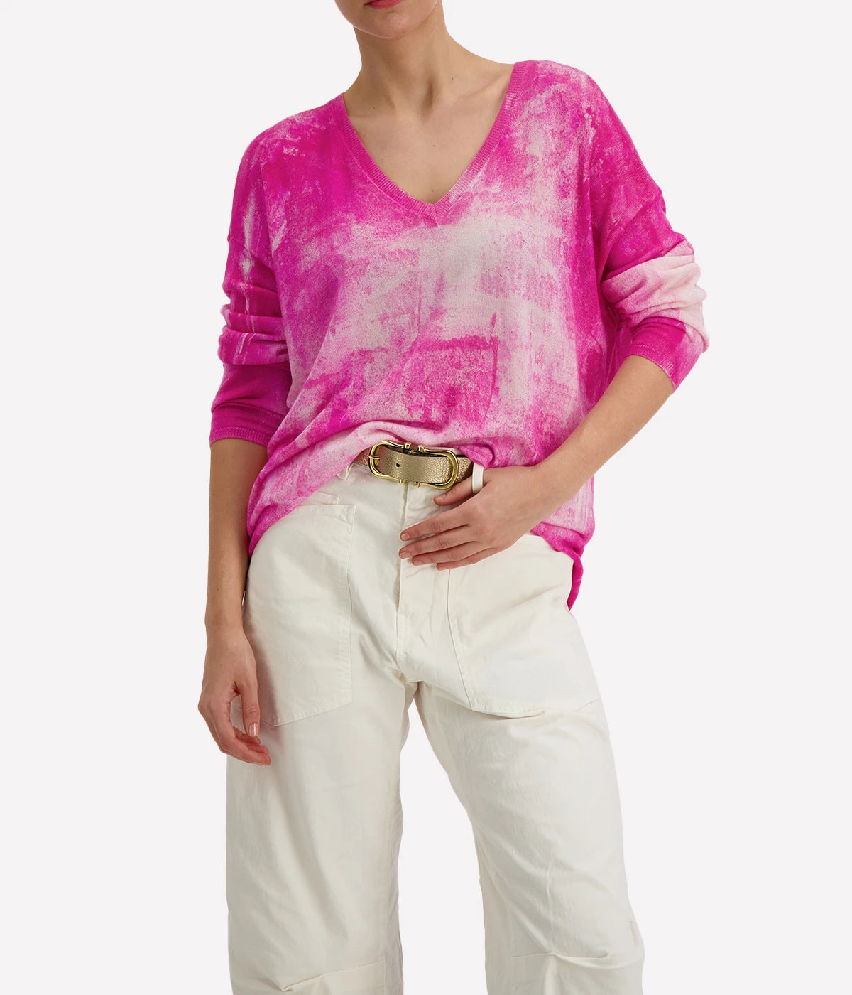Oversized V neck slouchy jumper by avant toi in a bright pink distressed colour, Exclusive cashmere and silk blend.