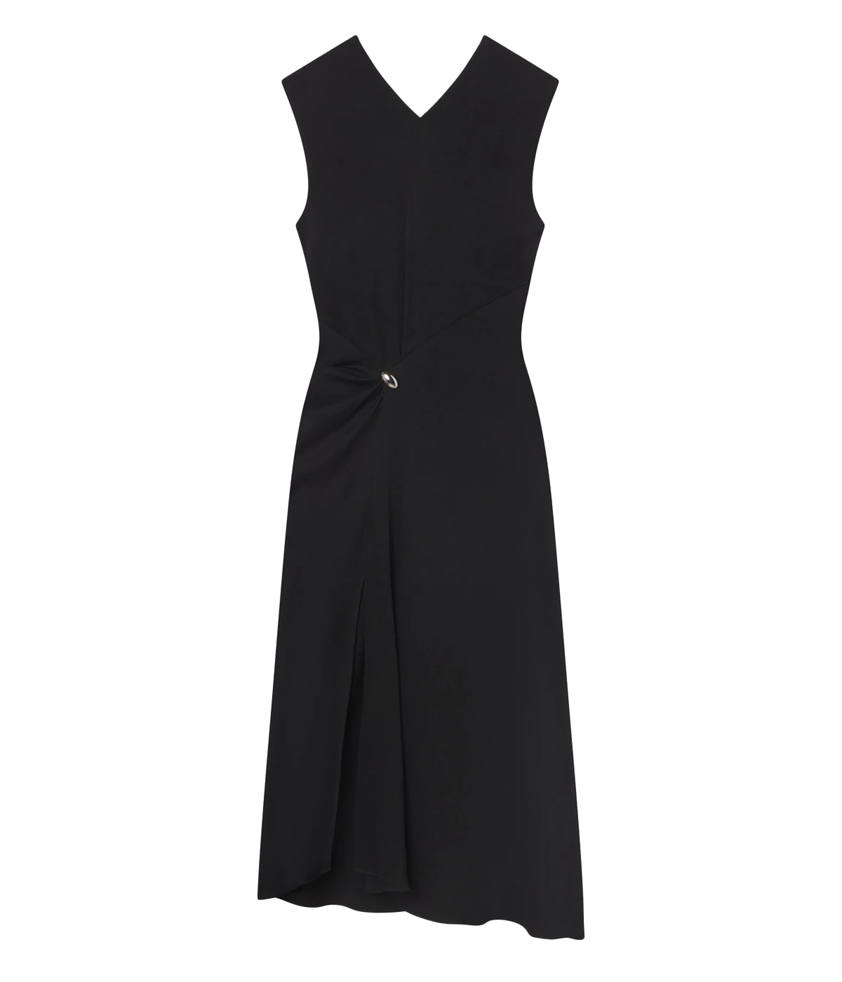 Luxurious Hammered Crepe: Made from high-quality acetate and polyester, this fabric drapes beautifully, offering a structured yet fluid silhouette.
Asymmetrical Waist Seam: The eye-catching waist detail creates an elegant, flattering shape, while the high slit offers a bold touch of allure.
Silver Stud Accents: A small yet impactful silver stud adds a modern punk-inspired edge, bringing an element of intrigue to the dress’s minimalist design.
Classic Black: The timeless black color ensures versatility.