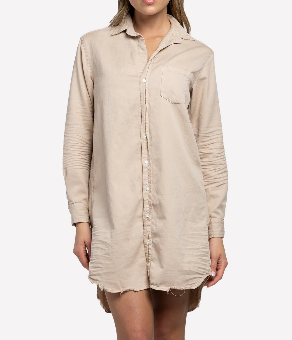 Mary Woven Button Up Dress in Sand Tattered Denim