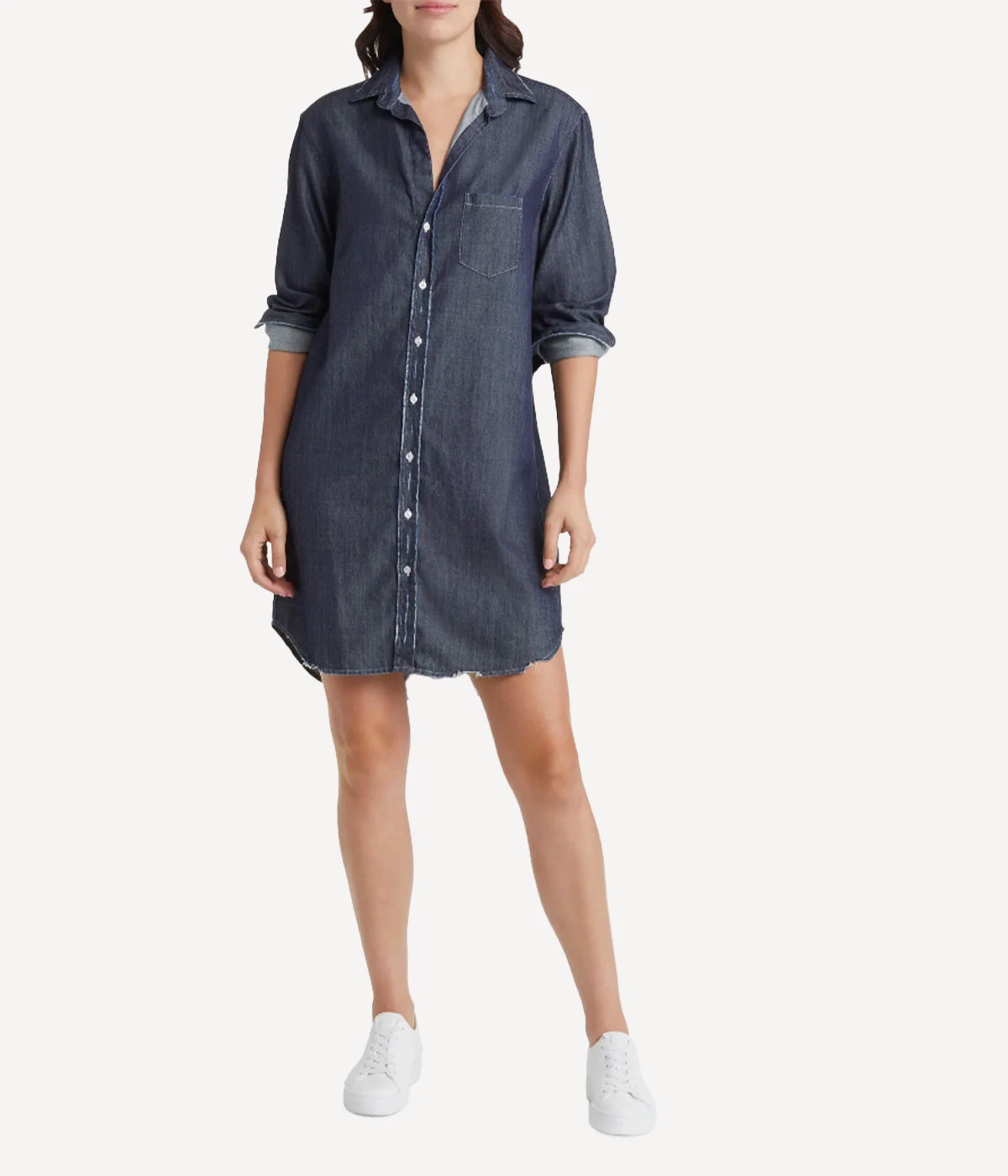 Mary Woven Button Up Dress in Distressed Rinse Denim