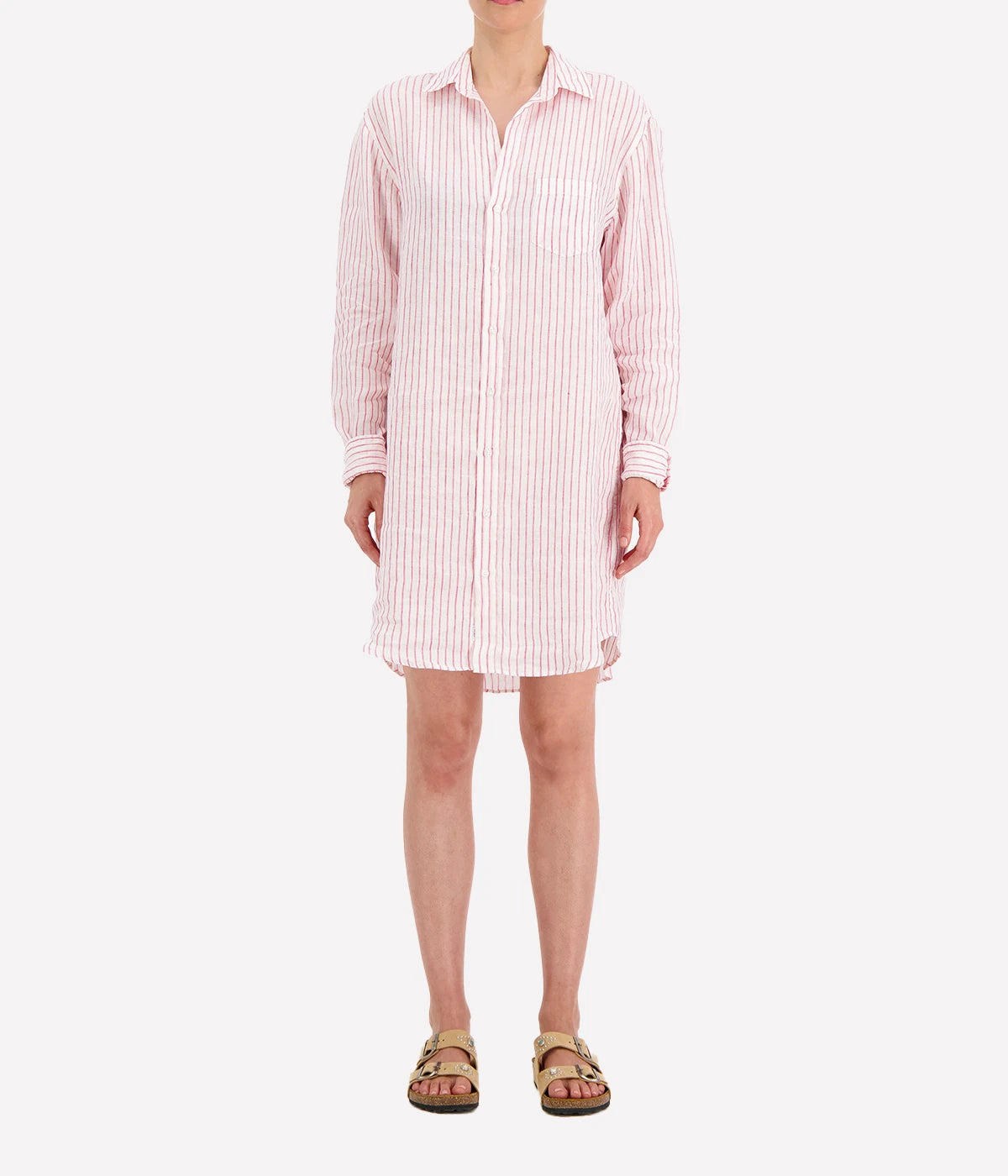 Mary Woven Button Up Dress in Pink Stripe